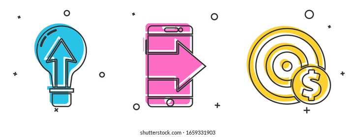 Set Light bulb, Smartphone, mobile phone and Target with dollar symbol icon. Vector