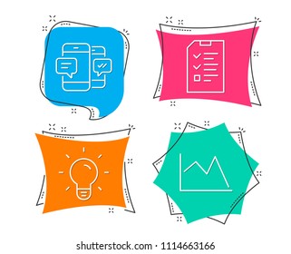 Set of Light bulb, Smartphone sms and Interview icons. Line chart sign. Lamp energy, Mobile messages, Checklist file. Financial graph.  Flat geometric colored tags. Vivid banners. Vector