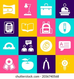 Set Light bulb, Speech bubbles with Answer, Pencil, Briefcase, Open book, Certificate template, sharpener and School backpack icon. Vector