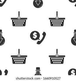 Set Light bulb, Telephone handset and speech bubble chat and Shopping basket on seamless pattern. Vector