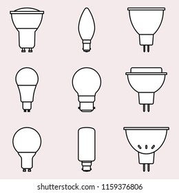 Set of light bulb with types of bulb holder on pink background. Flat vector