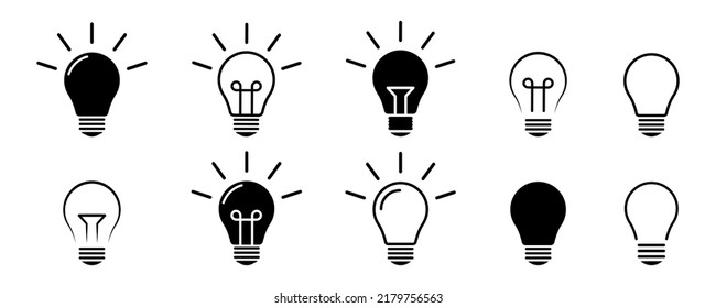 Set of light bulb vector icons. Black icons lamps or bulb and rays. Lightbulb. Symbol for idea and science. 