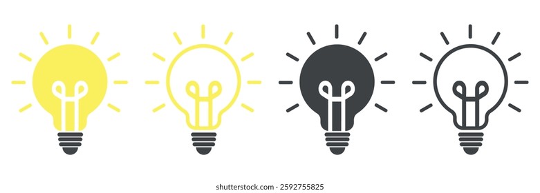 A set of light bulb vector icons in a modern, flat style. The collection includes idea lamp icons, symbolizing creativity and innovation. Black lamp icons with rays, representing science, inspiration,