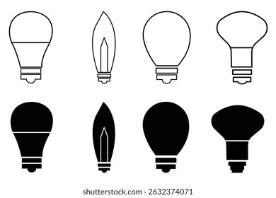 Set of light bulb vector icons. Black icons lamps or bulb and rays. Light bulb sign. Lightning in light bulb icon.