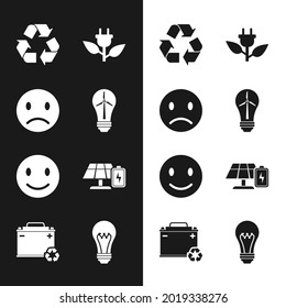 Set Light bulb with wind turbine, Sad smile, Recycle symbol, Electric saving plug leaf, Smile face, Solar energy panel and battery,  and Car recycle icon. Vector