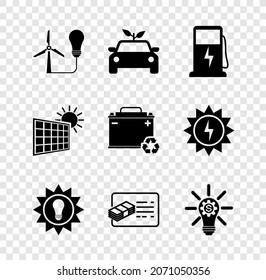Die Glühbirne mit Windturbine, Auto-Konzept-Antrieb, Elektrische Ladestation, Solarkollektoren, Finanzdokument, Getriebe, Sonne und Auto-Batterie-Recyclingsymbol. Vektorgrafik
