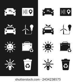 Set Light bulb with wind turbine, Eco car concept drive, Hydrogen, Address book, Cute sun smile, Car battery recycle, Recycle and gear icon. Vector