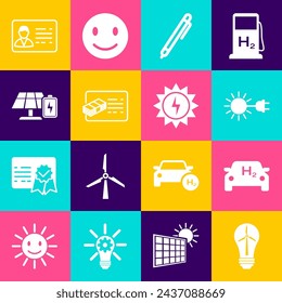 Set Light bulb with wind turbine, Hydrogen car, Sun electric plug, Pen, Financial document, Solar energy panel and battery, Identification badge and  icon. Vector