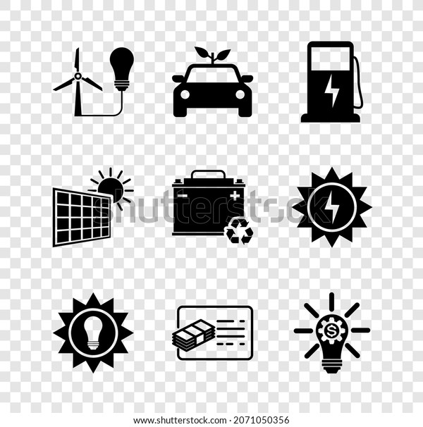 Set Light bulb\
with wind turbine, Eco car concept drive, Electric charging\
station, Solar energy panel, Financial document, gear, and sun and\
Car battery recycle icon.\
Vector