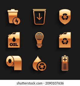 Set Light bulb with world globe, Recycle clean aqua, Battery charge level indicator, Eco fuel canister, Toilet paper roll, Canister machine, inside shield and Lightning trash icon. Vector