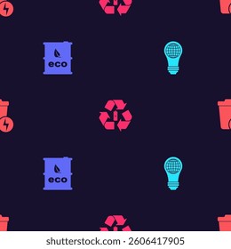 Set Light bulb with world globe, Bio fuel barrel, Battery recycle and Lightning trash can on seamless pattern. Vector