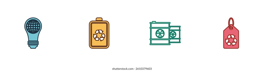 Set Light bulb with world globe, Battery recycle, Radioactive waste in barrel and Tag icon. Vector