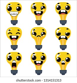 Set light bulbs with emotions. Vector illustration in cartoon style.