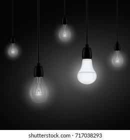 Set of light bulbs, energy saving bulb among incandescent lamps , vector image