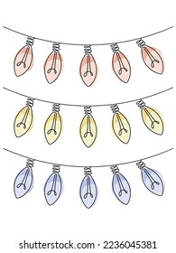 Set of light bulbs garland one line continuous drawing vector. Hand drawn linear illustration. Minimal outline design element for print, banner, card, wall art poster, brochure, postcard, background.
