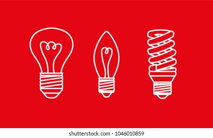 Set of light bulbs icons. Isolated on red background. New idea symbols. Stock vector illustration. 