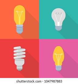 Set of  light bulbs icons with long shadow isolated on colorful background. Simple lamps  in flat style. Vector sign symbol.