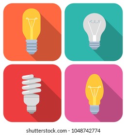 Set of  light bulbs icons with long shadow isolated on colorful background. Simple lamps  in flat style. Vector sign symbol.
