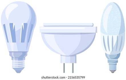Set of light bulbs and lamps. Electric LEDs and incandescent lamps or energy-saving lighting fixtures. Light bulbs with different base shapes. Electrical appliances for creating interior light