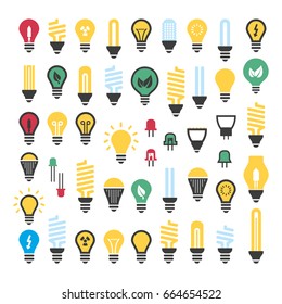 Set Light bulbs, Led lamps types, fluorescent, filament, halogen, diode and other illumination. Electric shop ideas.