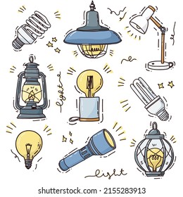 set of light bulbs and lighting devices. Cute vector illustrations