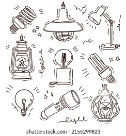 set of light bulbs and lighting devices. Cute vector illustrations