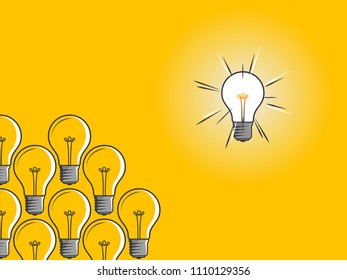 Set of light bulbs with one glowing on yellow background. Icon concept of invention, study, imagination and creativity. Design element for business startup, technology, science.
