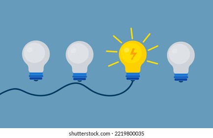 Conjunto de bombillas con un resplandor. Iconos modernos de bombilla vectorial plana con el concepto de idea sobre fondo azul.