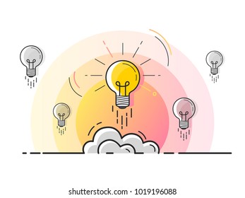 Set of light bulbs rocket launch with one glowing. Trendy flat vector light bulb icons with concept of idea on white background. 