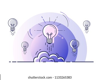 Set of light bulbs rocket launch with one glowing. Trendy flat vector light bulb icons with concept of idea on white background. 