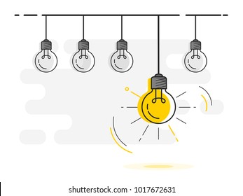 Set of light bulbs socket at the top with one glowing. Trendy flat vector light bulb icons with concept of idea on yellow background. 