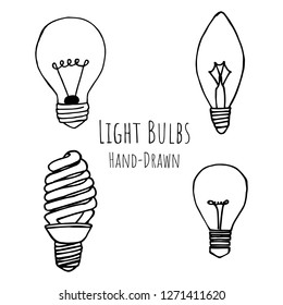 Set of light bulbs. Vector cartoon doodles. Isolated objects on a white background. Hand-drawn style.