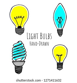Set of light bulbs. Vector cartoon doodles. Isolated objects on a white background. Hand-drawn style.