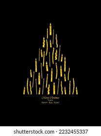 A set of light candles in the shape of a Christmas tree. Bright golden texture. Vector card, print or poster. 