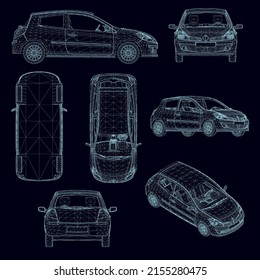 Set with light car frames in different positions from blue lines isolated on a dark background. 3D. Vector illustration.