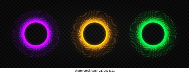 Set of light circles with sparkles. Abstract glittering swirl.