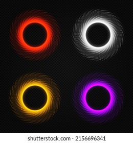 Set of light circles with sparkles. A flash flies in a circles in a luminous rings. Abstract glittering swirl.