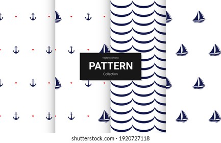 Set of  light color seamless patterns. Vector seamless nautical textures.