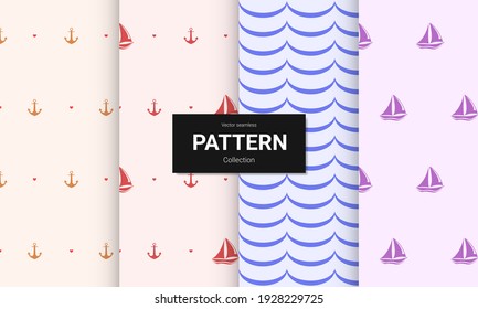 Set of  light color seamless patterns. Vector seamless nautical textures.