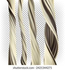 A set of light colored curls twisted into a braid. Vector 3D realistic illustration of strong hair.