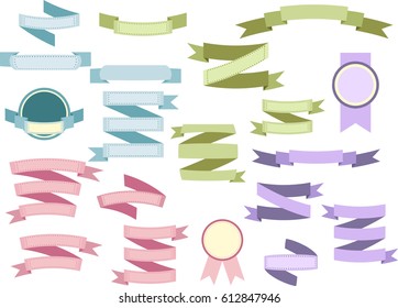 Set of light colored vintage ribbons and labels isolated on white background. Soft green, blue, pink, purple vector ribbons