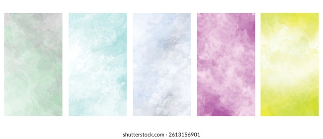 Set of light colorful vector watercolor Colorful watercolor background of abstract sunset sky with puffy clouds in bright rainbow colors of pink blue yellow orange and purple