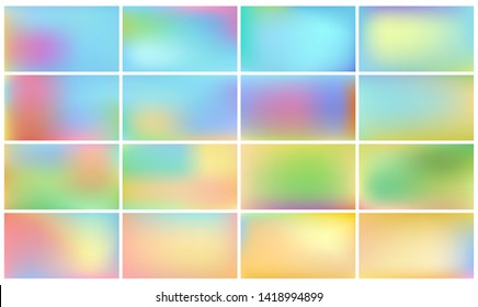 Set of light coloured backgrounds for children. Smooth and blurry abstract gradient for products presentation, books, poster, banner. Horizontal vector illustrations.
