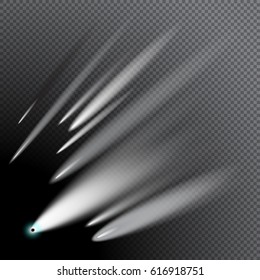 Set of light comets on transparent background. Meteorite. Creative style. Different tones. Dynamic shapes. Diagonal position. Isolated vector design objects.