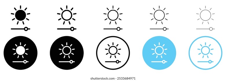 Satz von Lichtsteuerungssymbolen. Heller Schieberegler, Helligkeitsstufe, Kontrasteinstellungen, Symbol. Vektorgrafik.