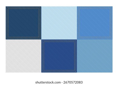 Set of Light dark ski blue denim seamless swatches fabric geometric pattern texture background striped vector fashion illustration. Flat apparel color
