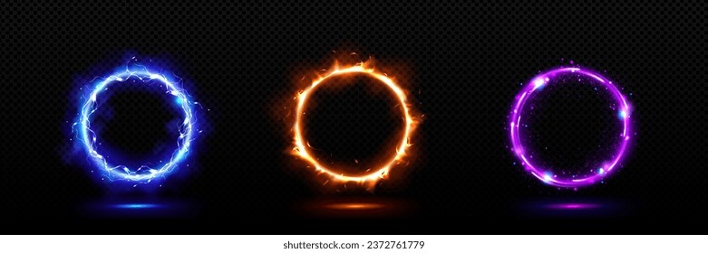 Set of light effect circles isolated on transparent background. Vector realistic illustration of blue, orange, purple avatar frames with lightning strike, burning fire, magic power sparkles design