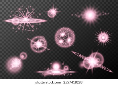 Set light effect Pink isolated flare explosion shiny dust line solar flare star spark neon light holidays festival, vector element