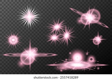 Set light effect Pink isolated flare explosion shiny dust line solar flare star spark neon light holidays festival, vector element