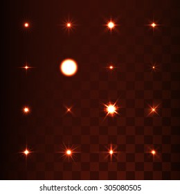 Set of  light effect stars with sparkles on transparent background